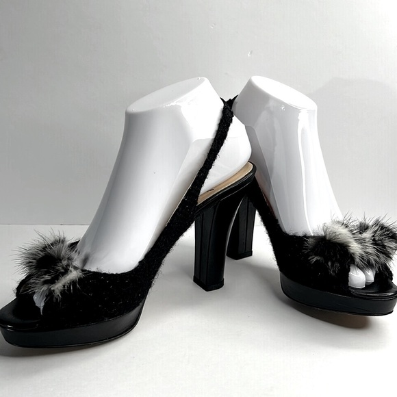KATE SPADE Galore Black Boucle Tweed Mink Fur Bow Slingback Peep‎ Toe Heels Pump - Picture 6 of 17
